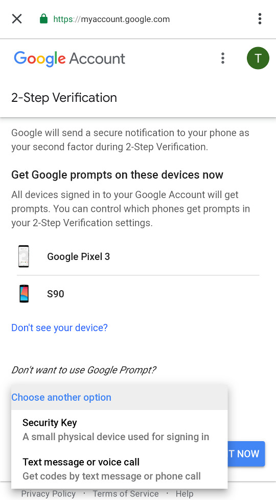 2-step verification setup get google prompts on these devices