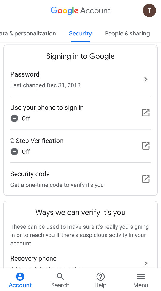 2-step verification setup signing into Google