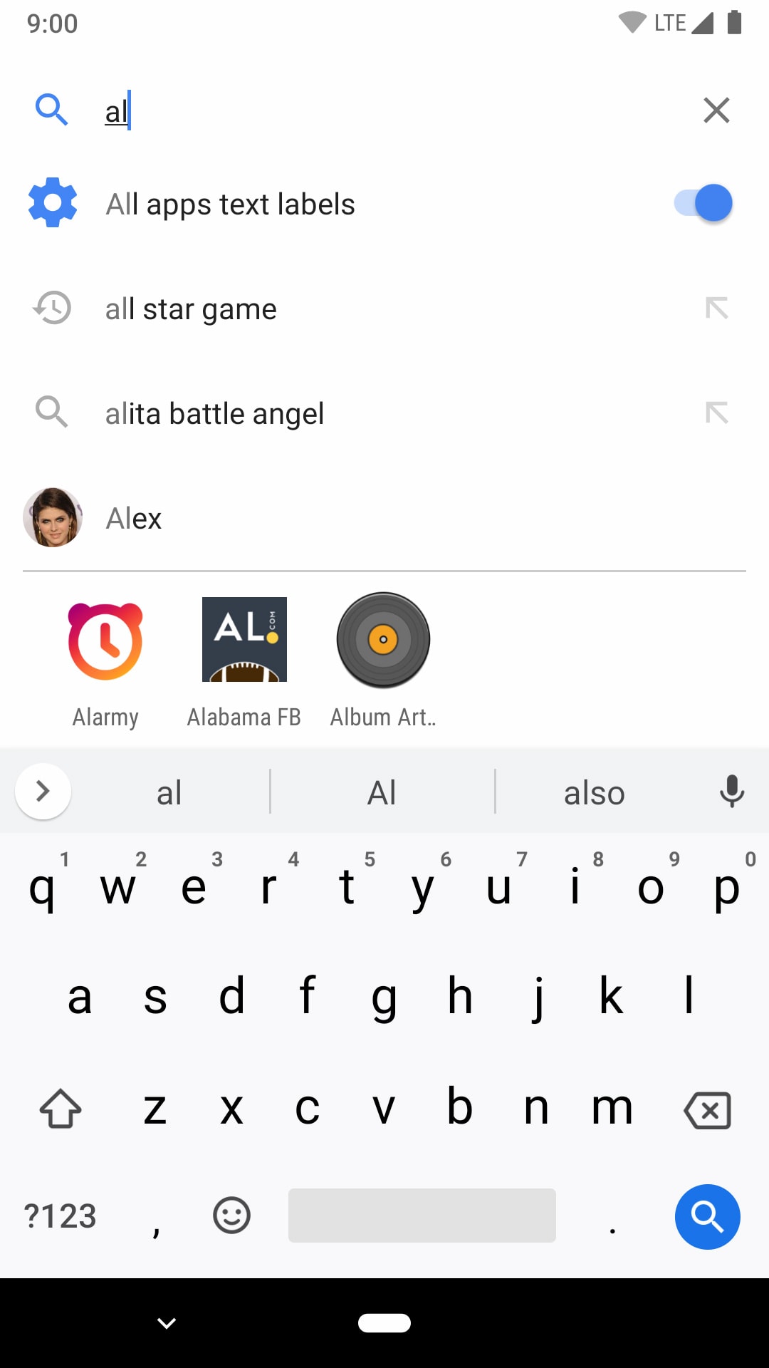 Screenshot of Action Launcher's Action Search.