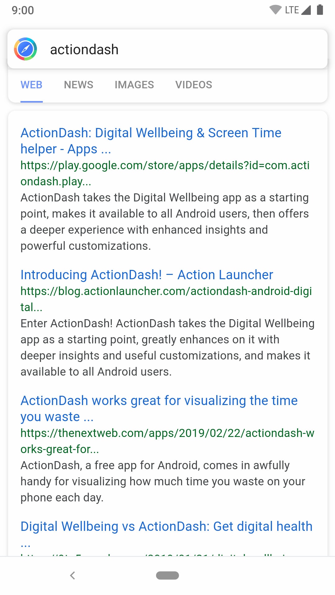 Screenshot of Action Launcher's Action Web Search.