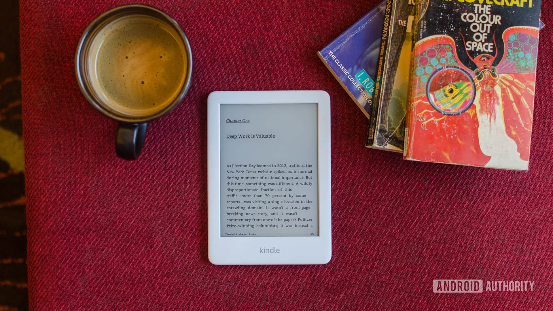 Amazon Kindle 2019 front with book and text