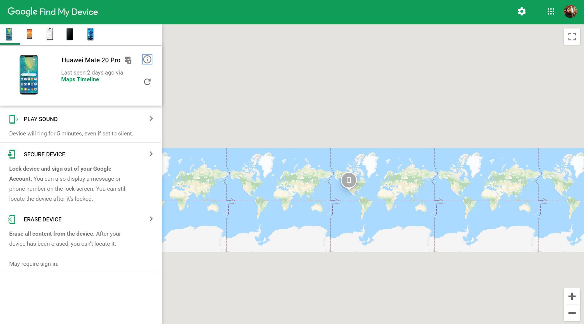 Google find my device in android device manager homescreen