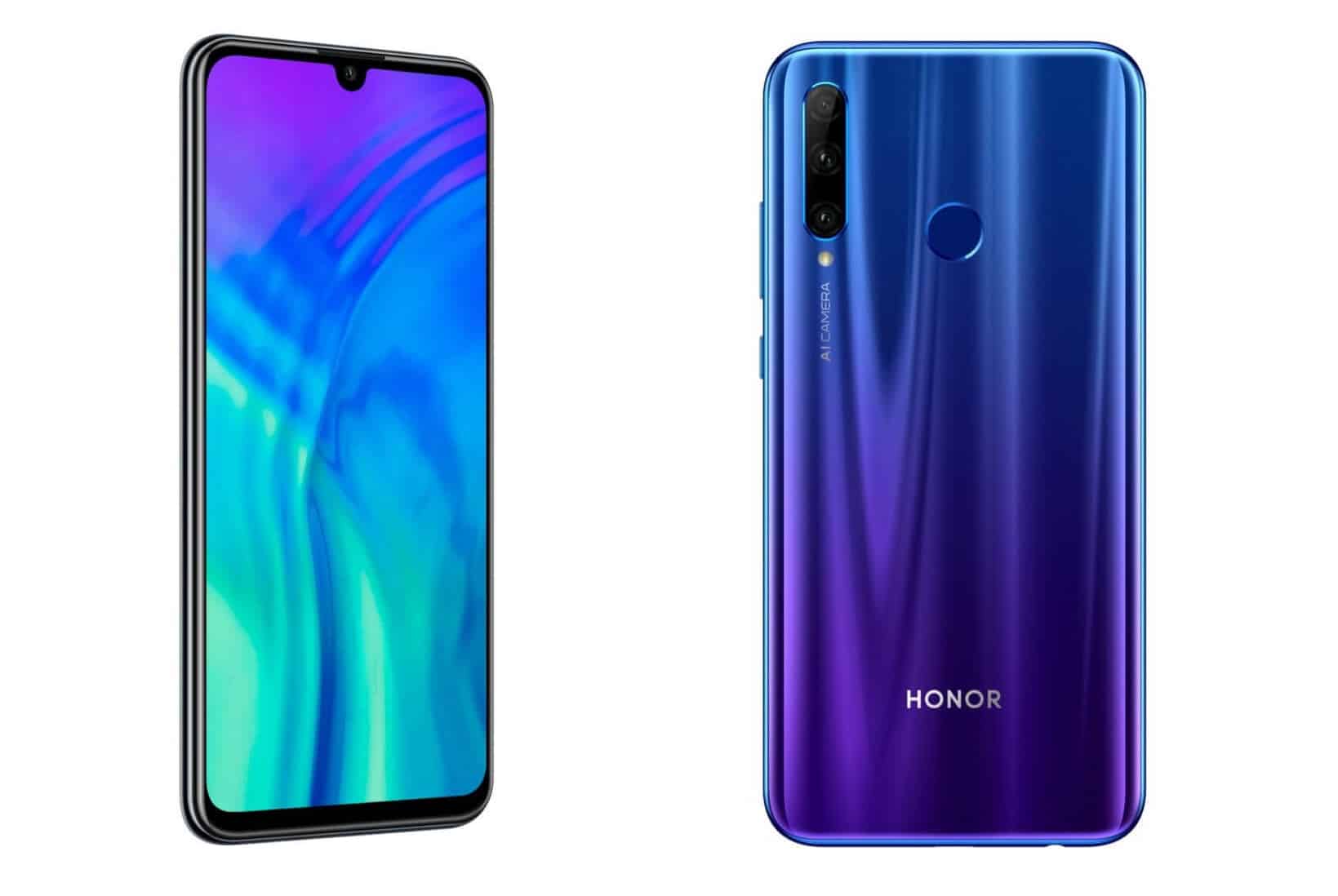 The HONOR 20 Lite renders from the front and back.
