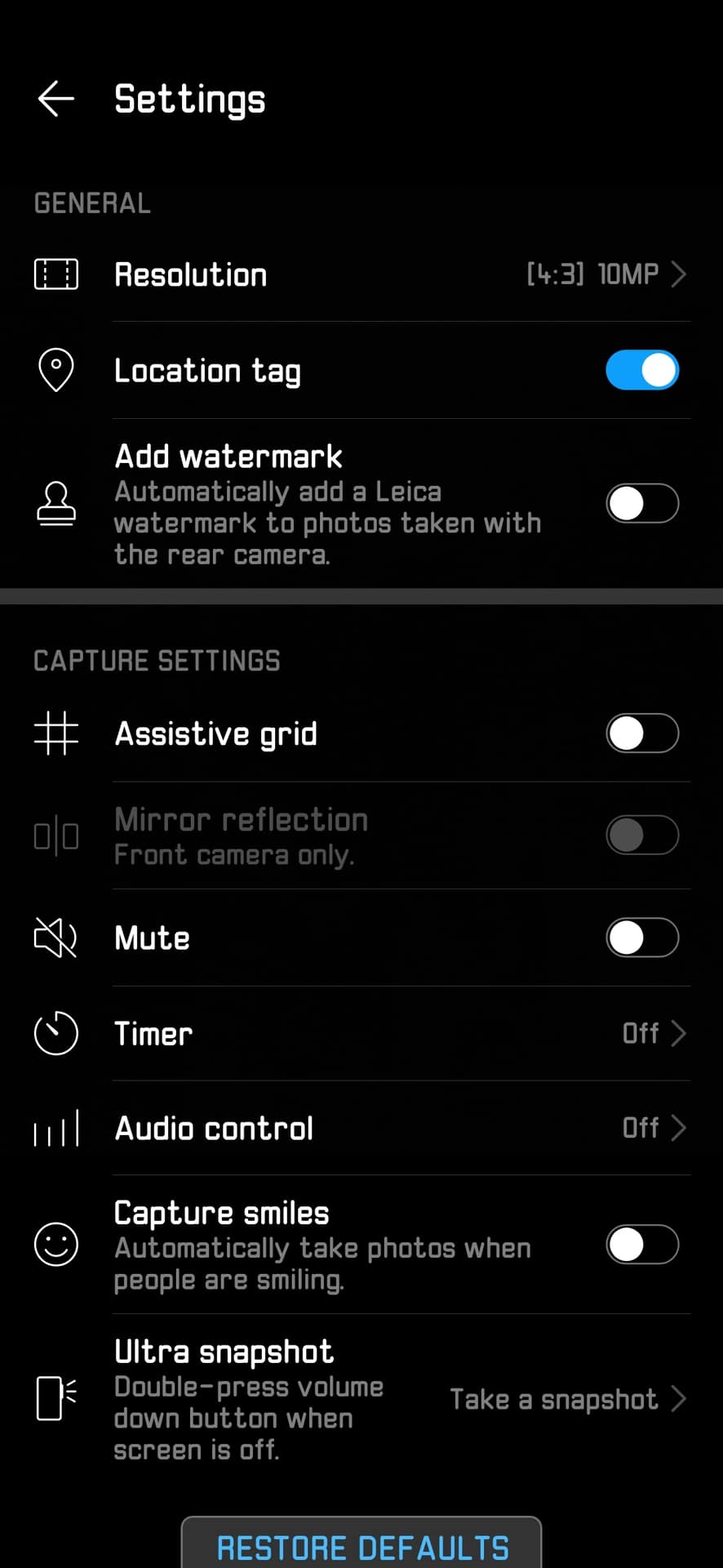 Huawei P30 Pro camera app Photo settings