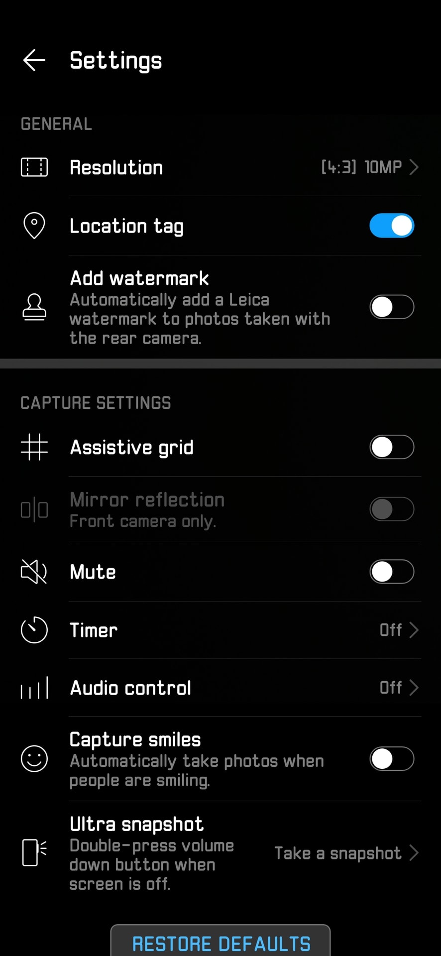 HUAWEI P30 camera app settings