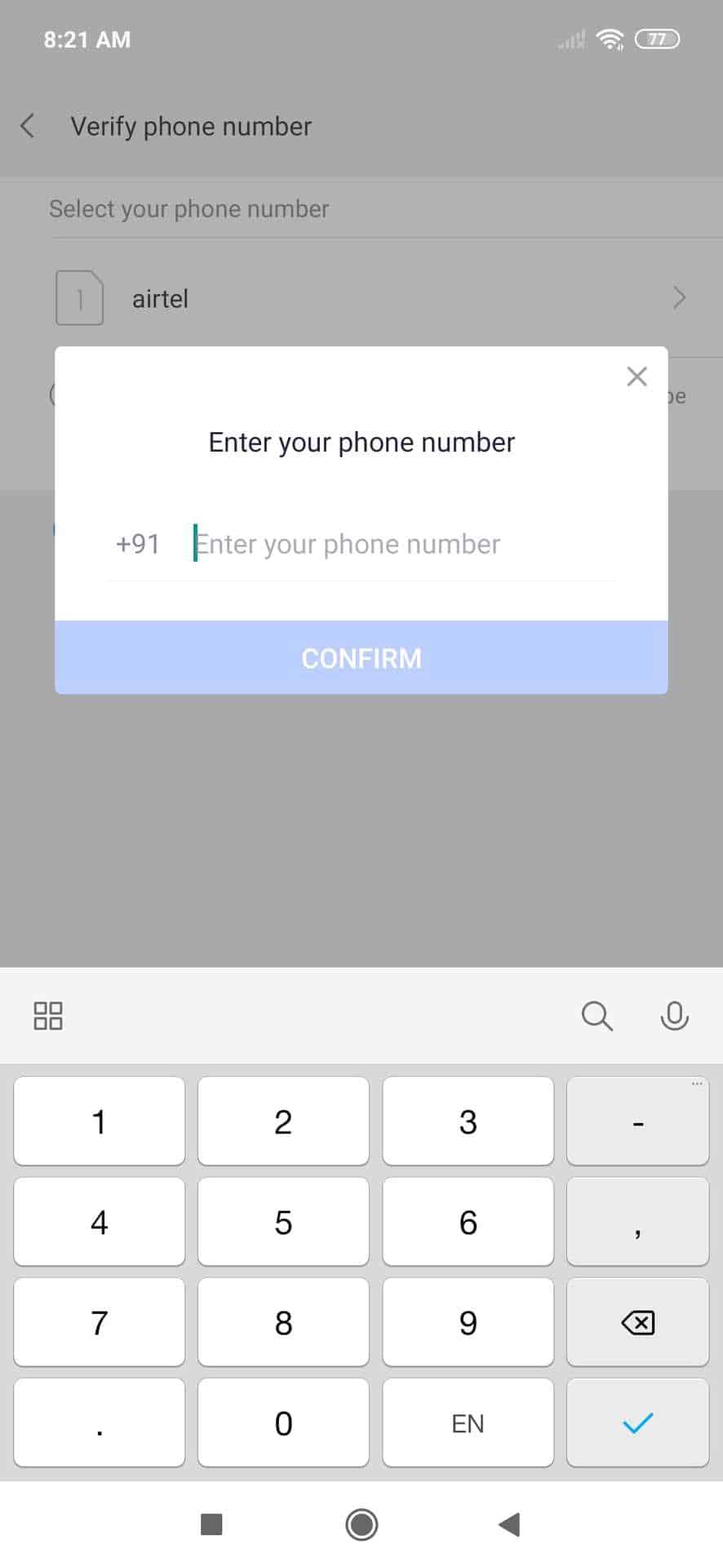 Mi Pay phone number verification