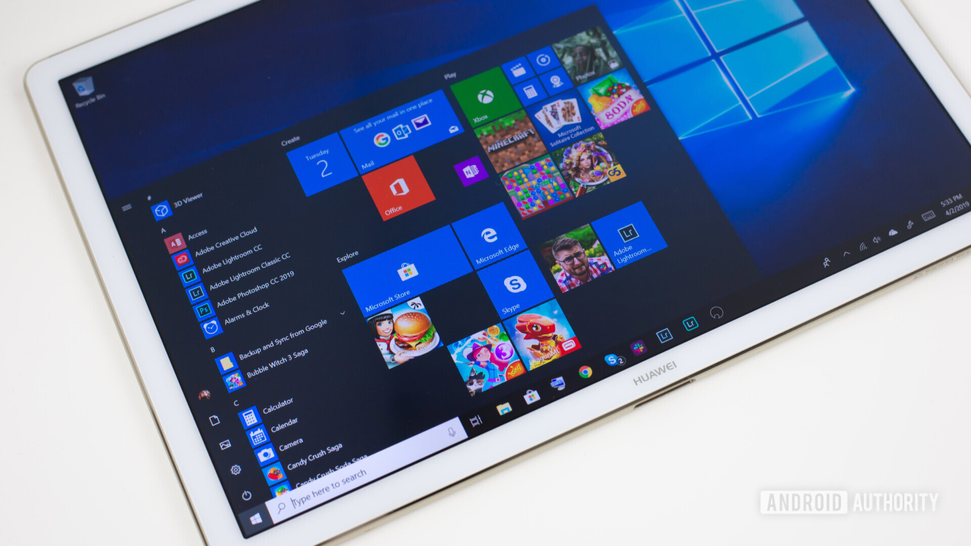 HUAWEI Windows 10 tablet showing Start menu. 