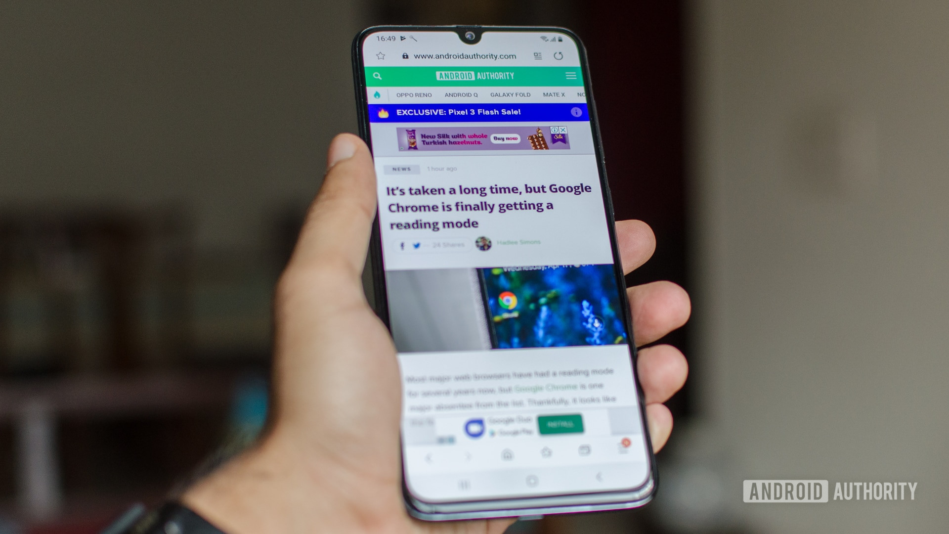 Samsung Galaxy A70 front display with web browser android authority