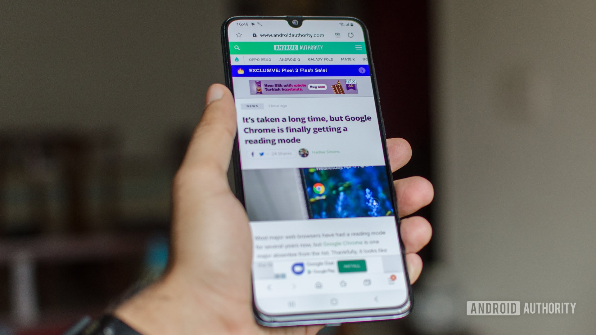 Samsung Galaxy A70 front display with web browser android authority