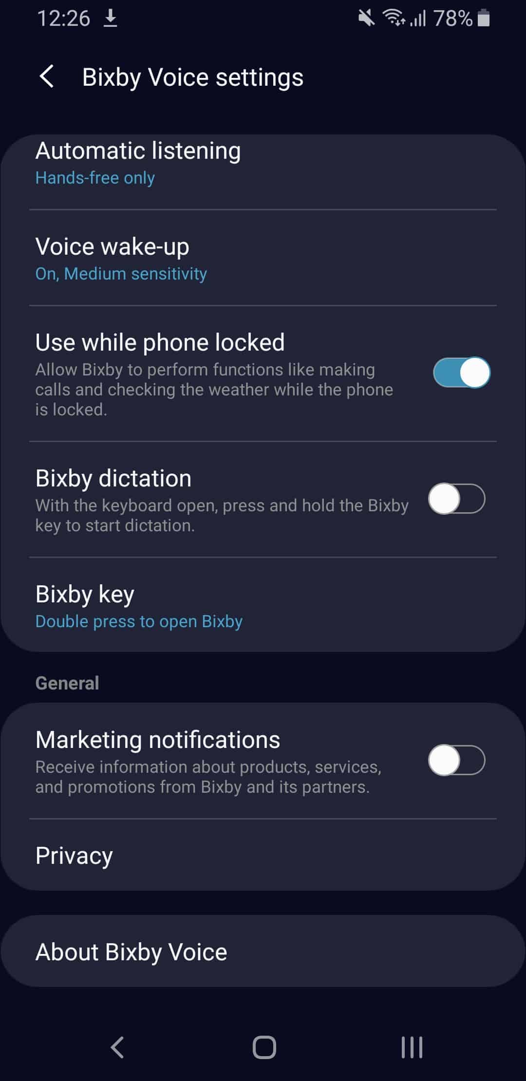 The settings menu in Bixby.