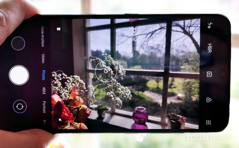 Smartphone camera autofocusing on flowers