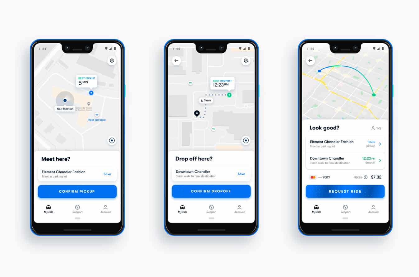 Screenshots of the Waymo app.