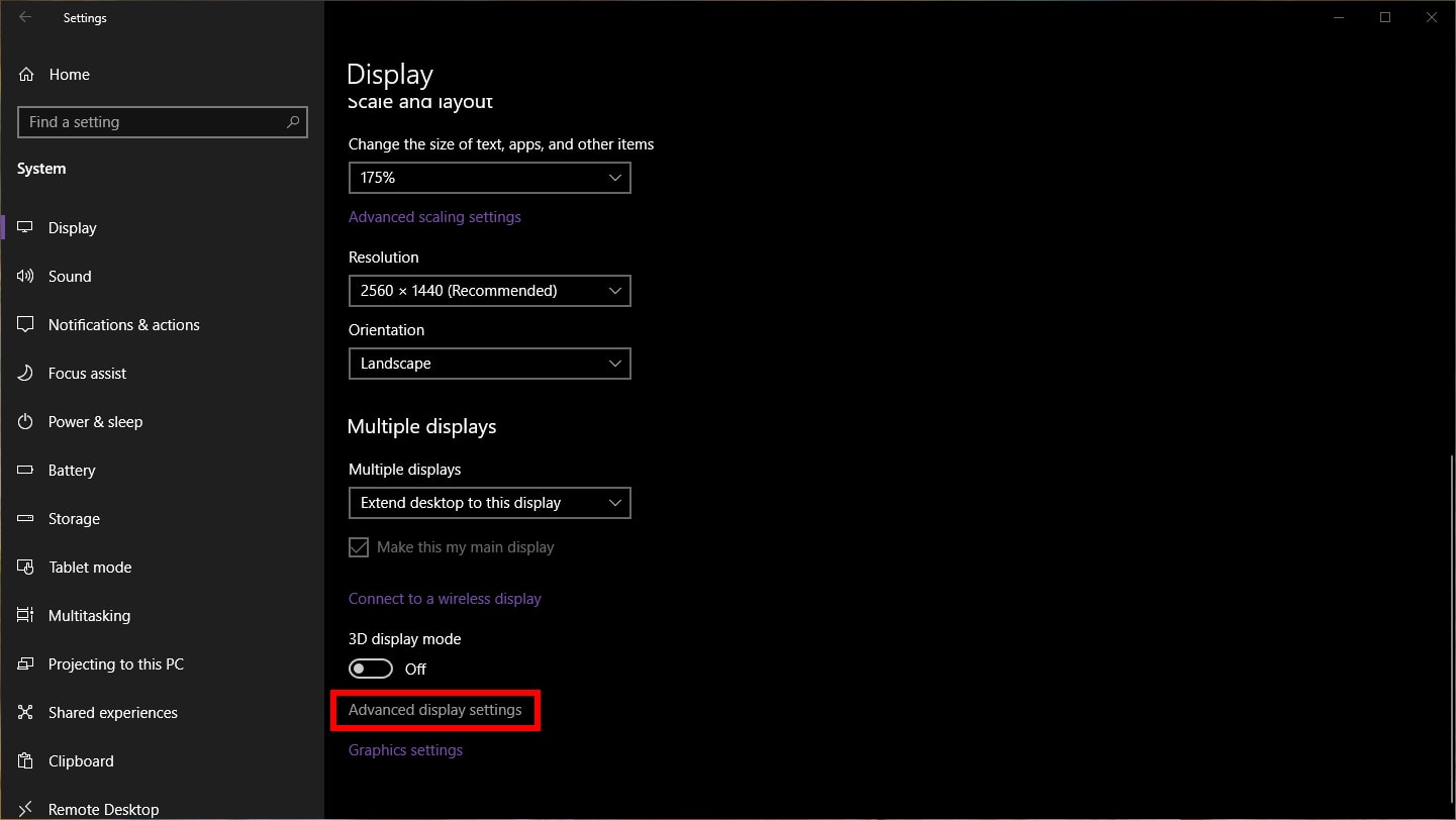 Windows 10 Advanced Display Settings