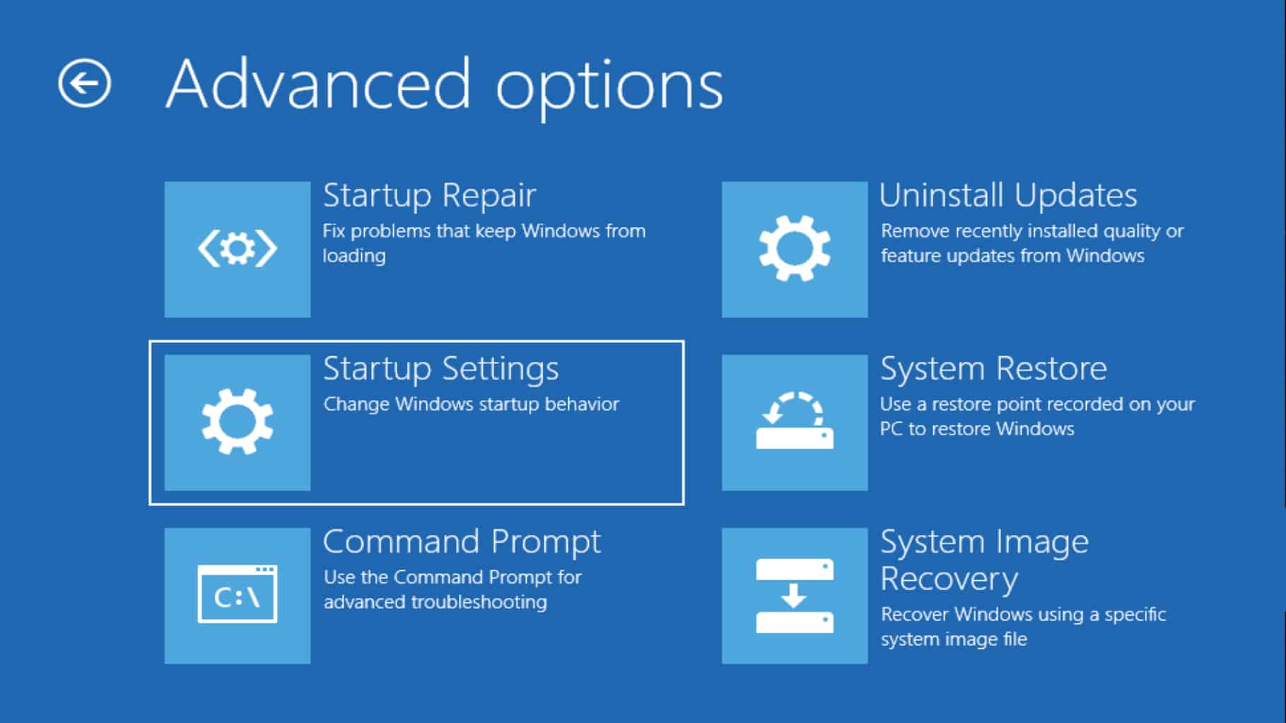 Windows 10 Advanced Options Startup settings