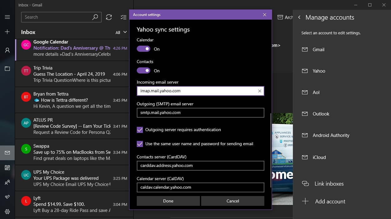 Windows 10 Mail IMAP settings