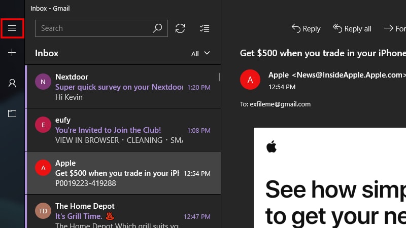 Windows 10 Mail Expand Menu