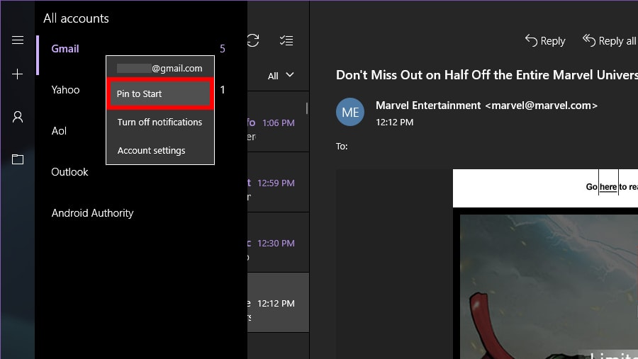 Windows 10 Mail Pin to Start