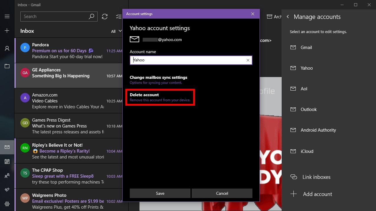 Windows 10 Mail delete account