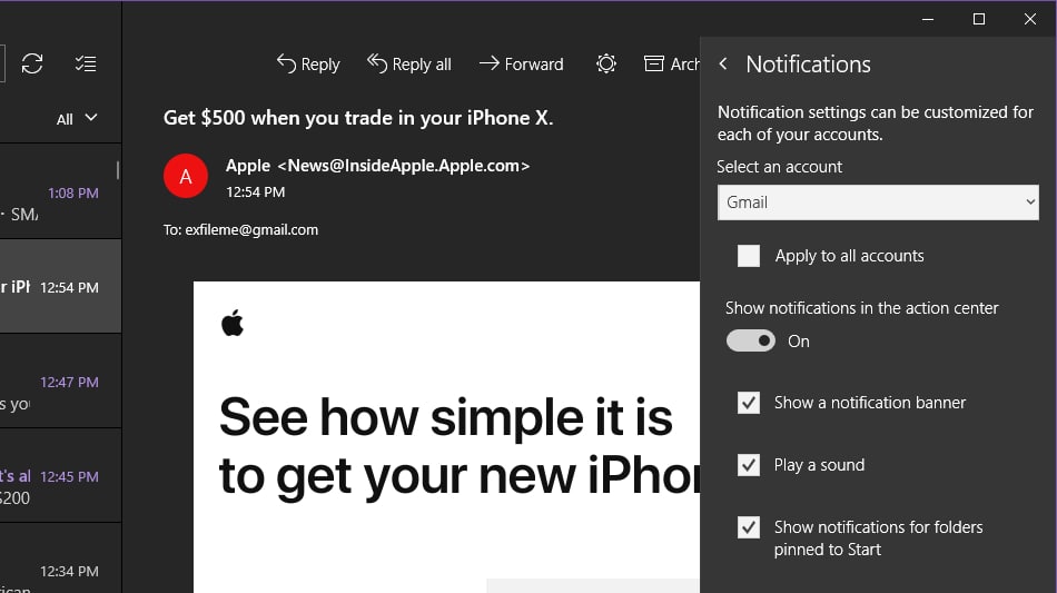 Windows 10 Mail notification settings