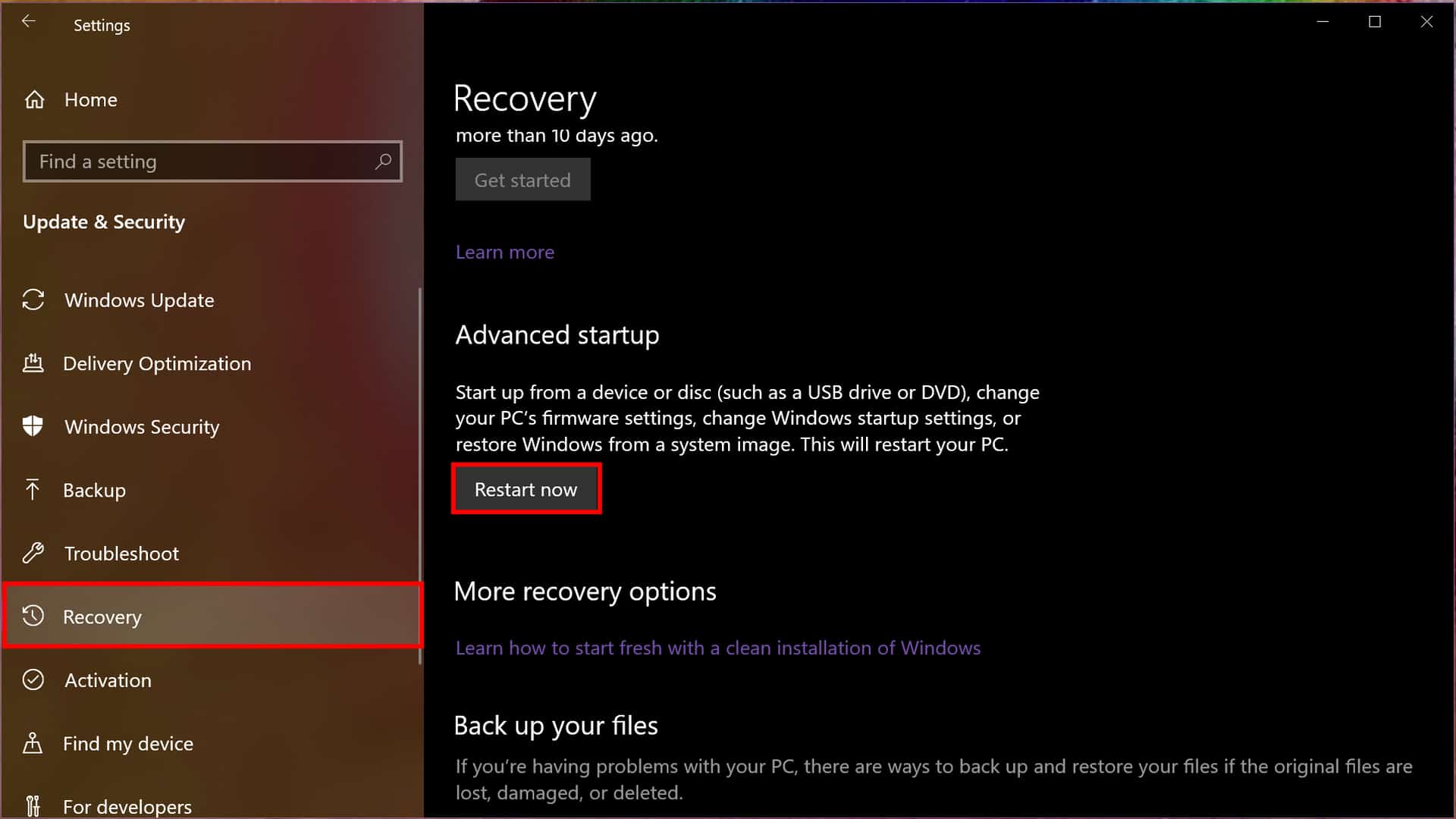 Windows 10 Recovery restart now