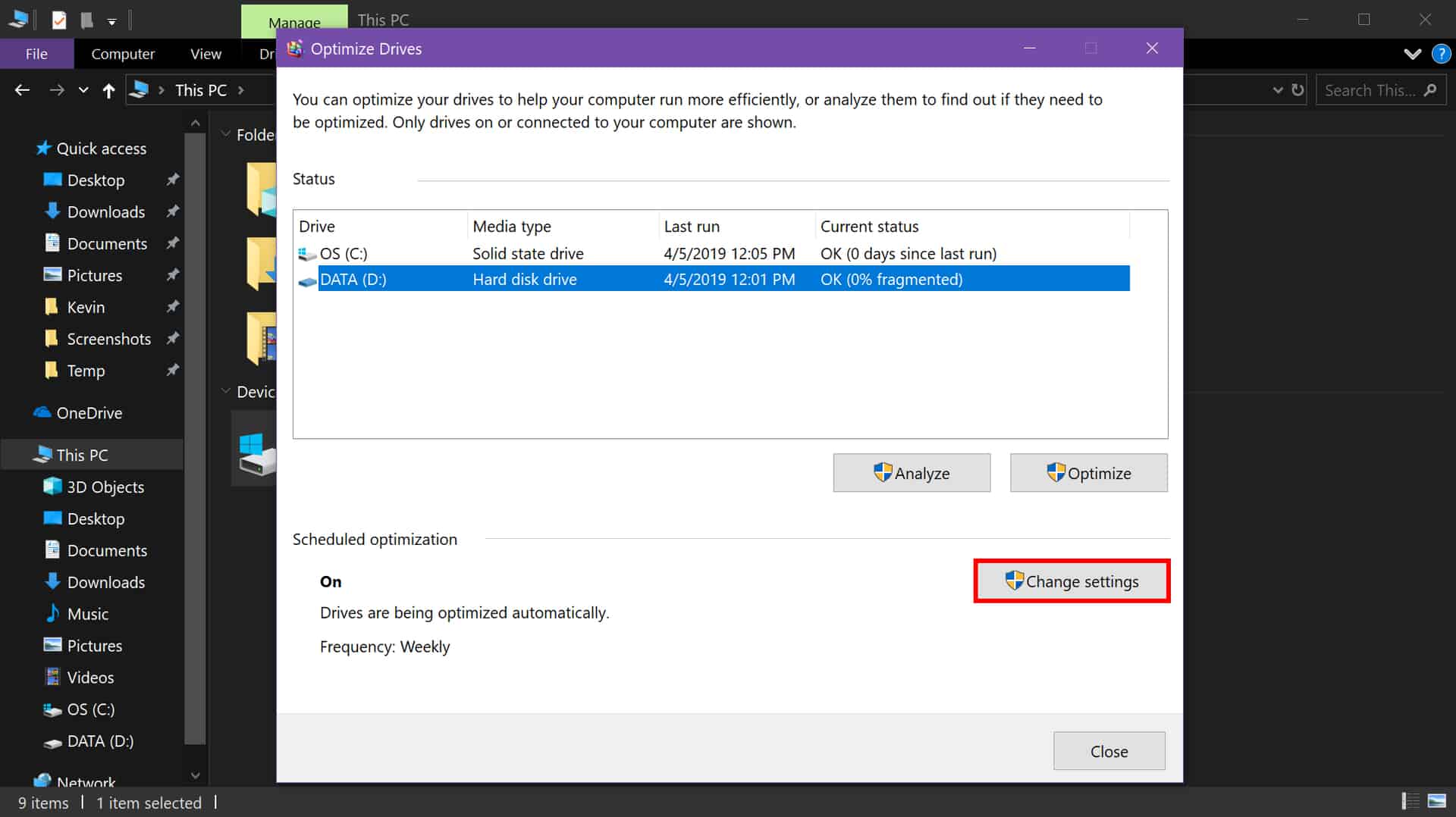 Windows 10 defrag change settings