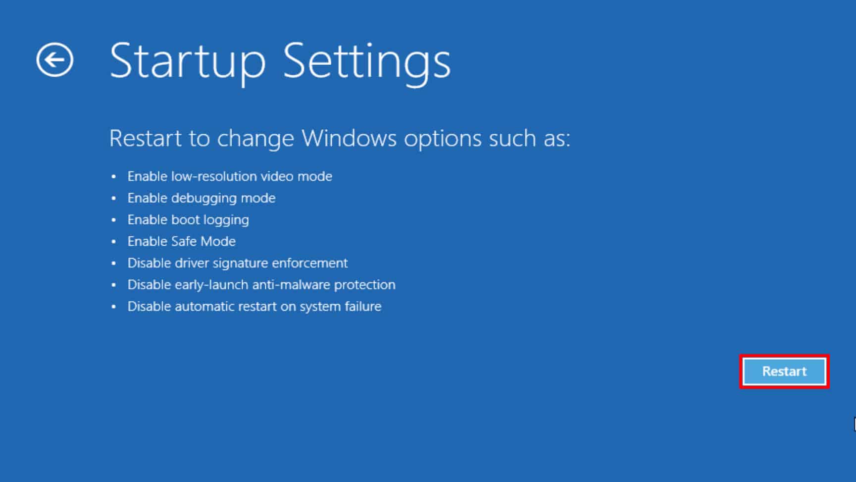 Windows 10 startup settings restart
