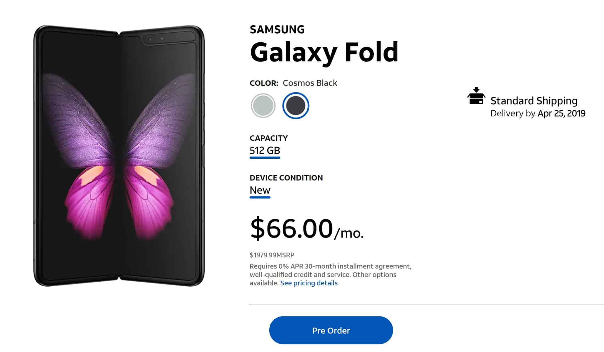 Samsung Galaxy Fold AT&amp;T store page screenshot.