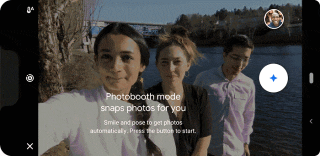 Google Camera Photobooth mode gif showing three people taking a selfie together. 