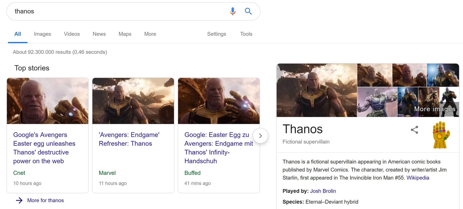 The Google search page after searching for &quot;Thanos&quot;