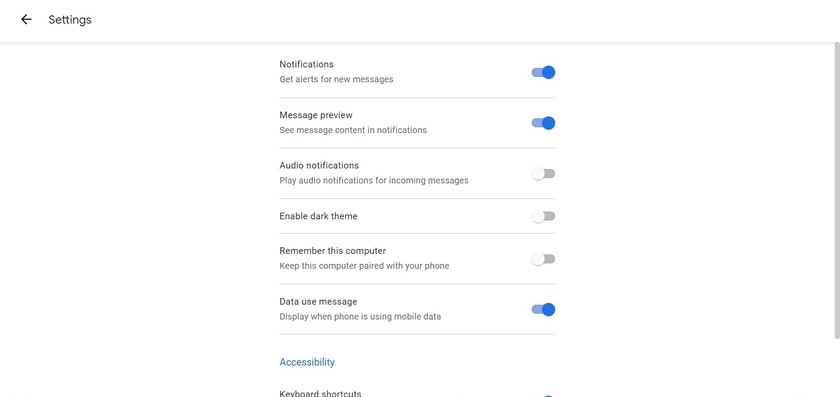 messages on web settings menu