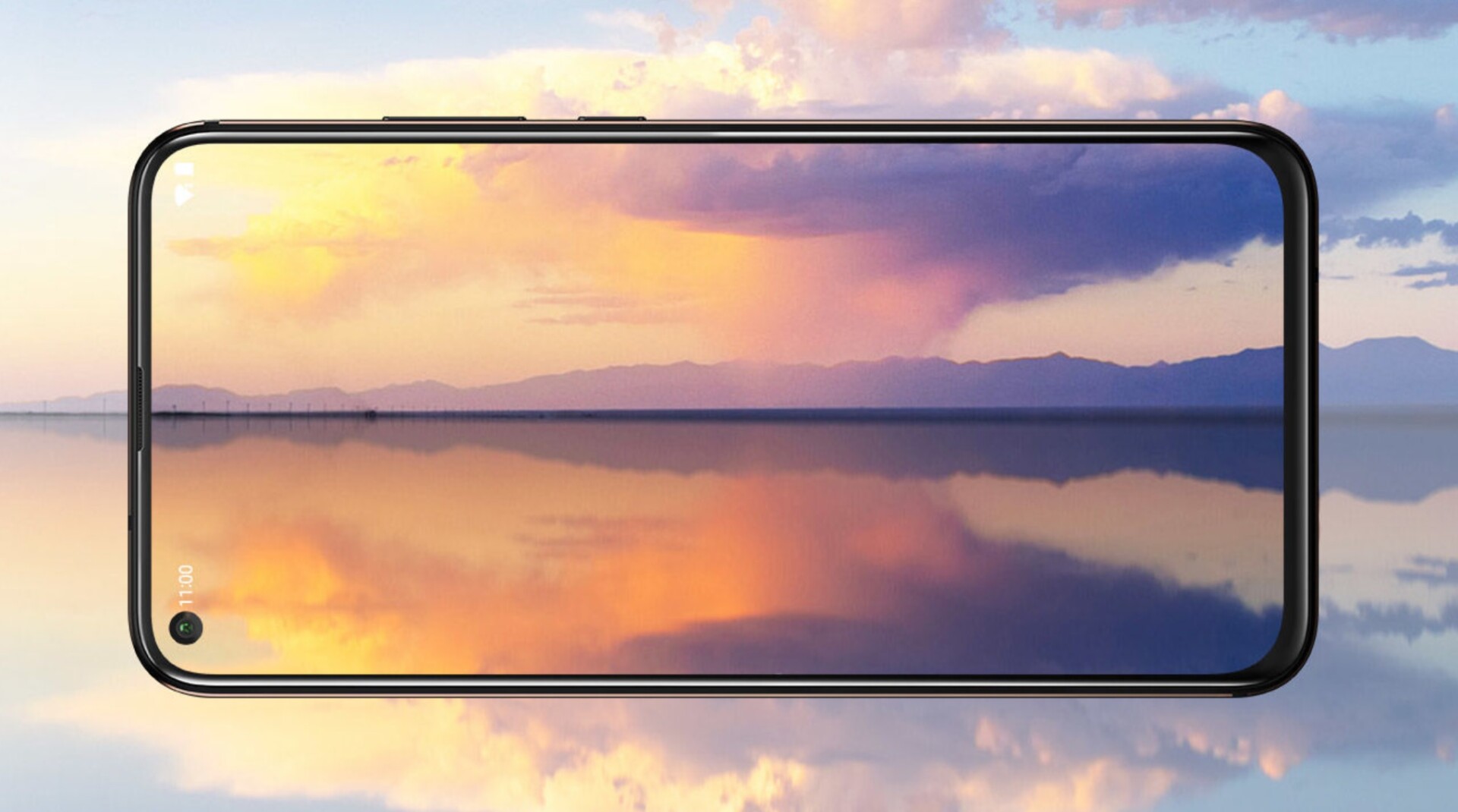 The Nokia X71 render horizontal against a sunset background.