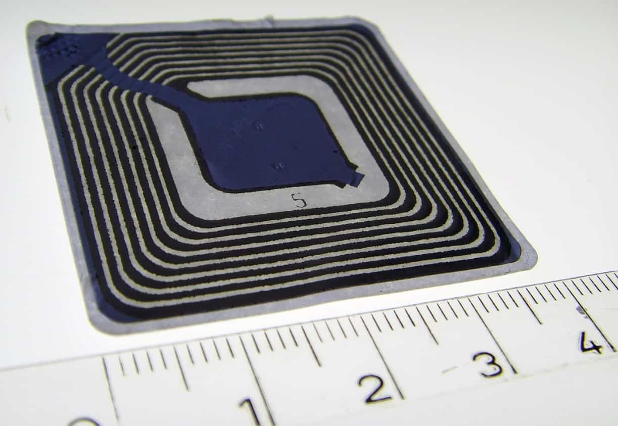 A passive RFID tag, like the ones typically found on clothes and other retail items