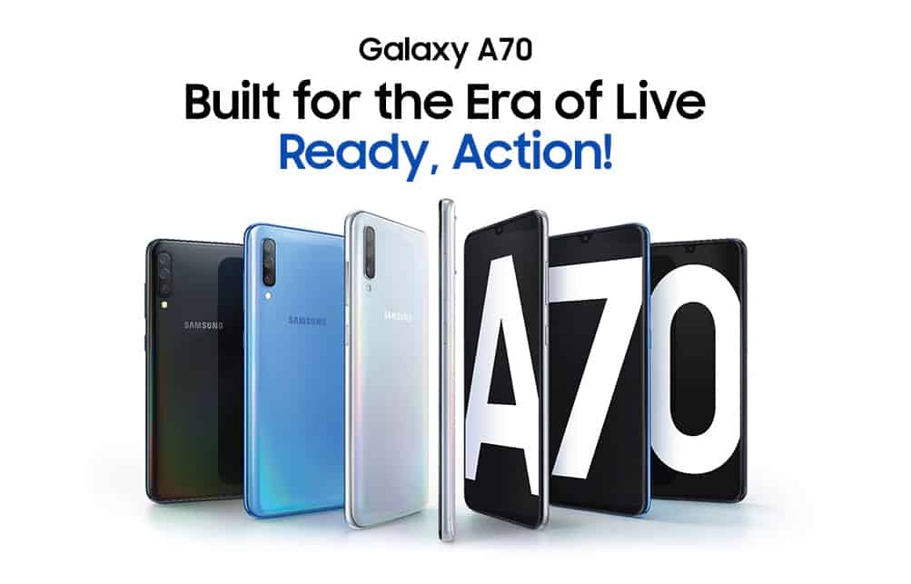 The Samsung Galaxy A70 splash page with multiple renders. 