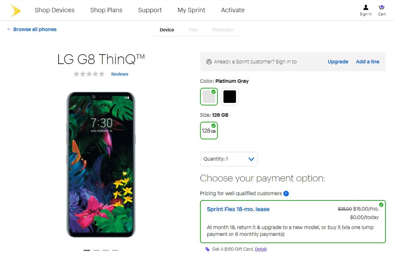 screenshot of lg g8 buy page on sprint.com