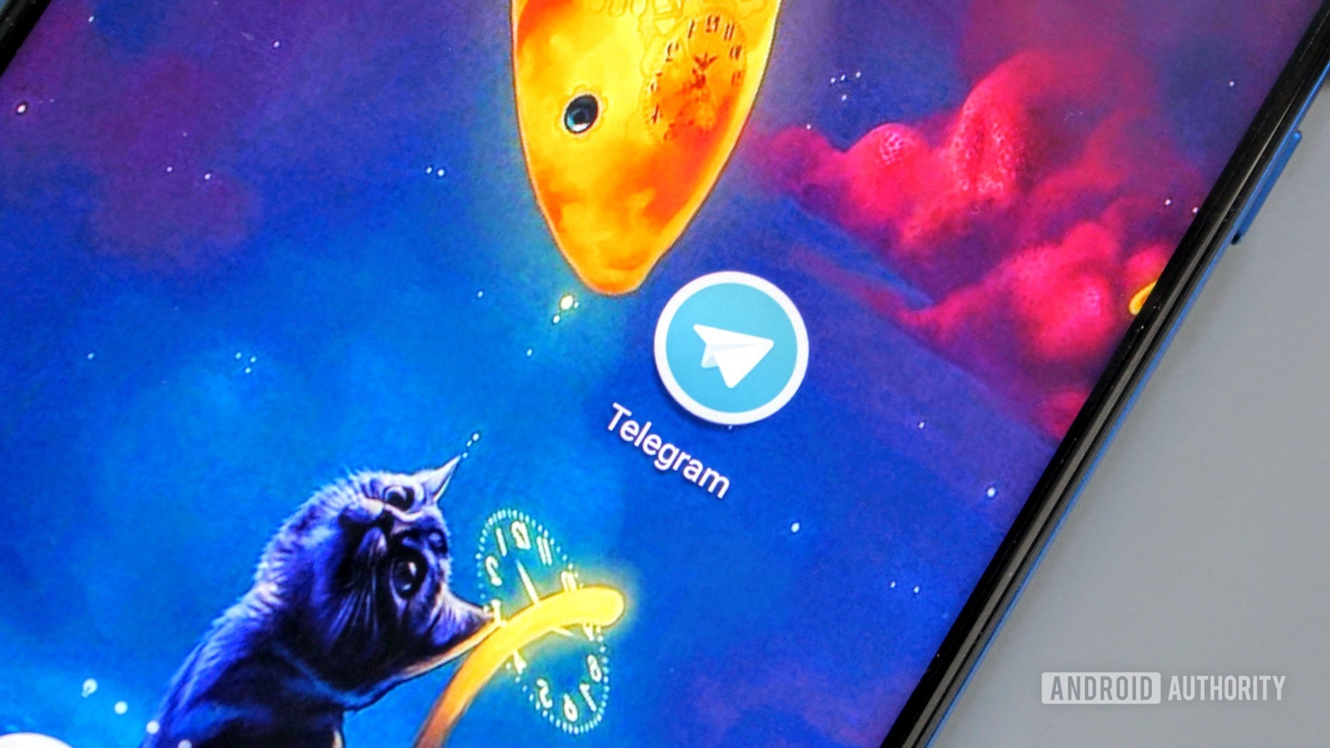 أيقونة Telegram على Honor View 20 على خلفية زرقاء مع قطة وسمكة.