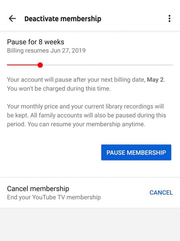YouTube TV Deactivate Membership Screenshot