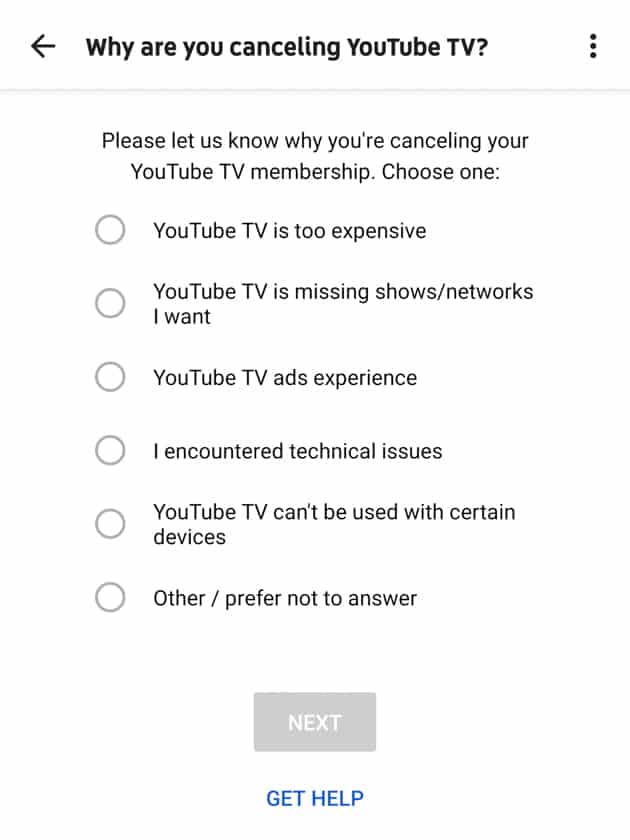 YouTube TV Survey Screenshot