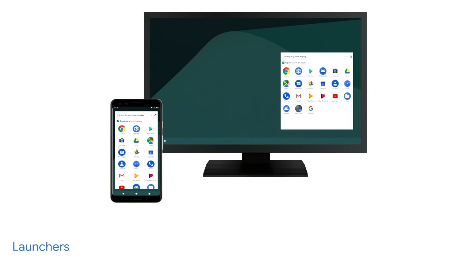 An image, supplied by Google, of a smartphone's display mirrored in desktop mode with Android Q.