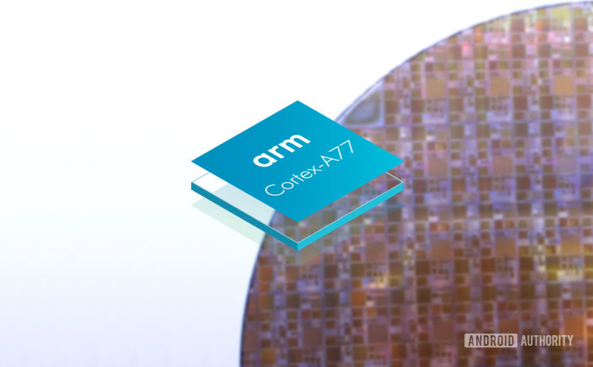 Arm Cortex-A77 logo on silicon wafer backdrop