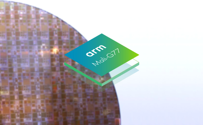 Arm Mali-G77 logo on silicon wafer backdrop