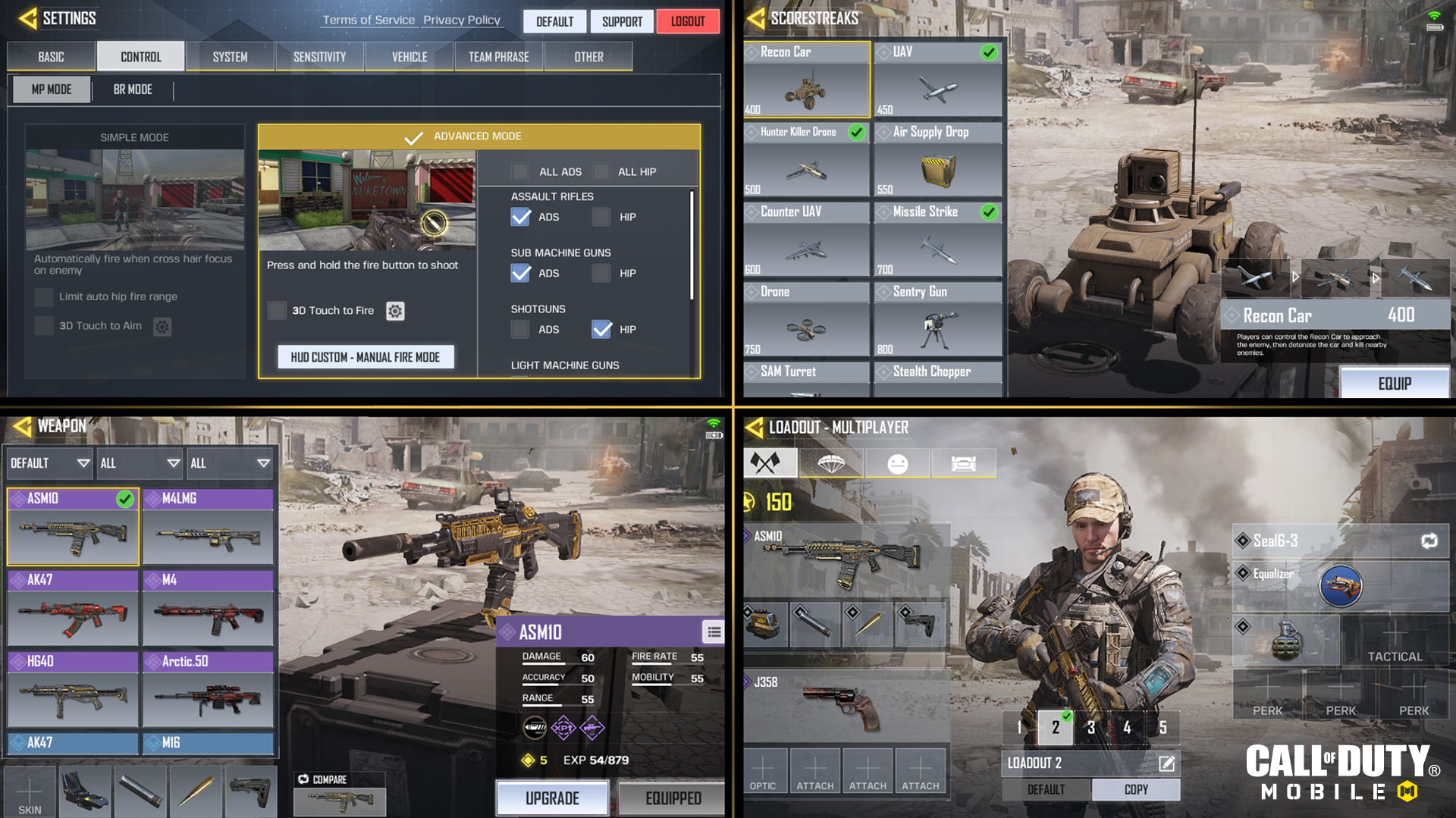 Different menu screens in Call of Duty: Mobile.