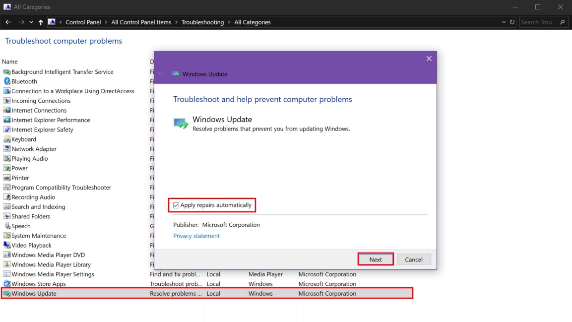 Control Panel Windows Update Repair