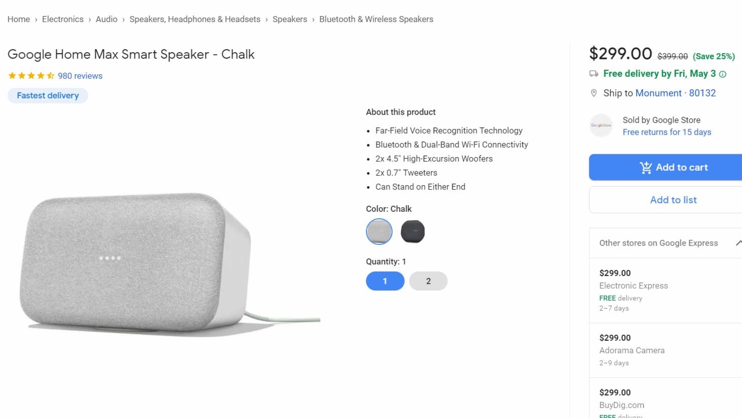 Google Home Max deal on Google Express