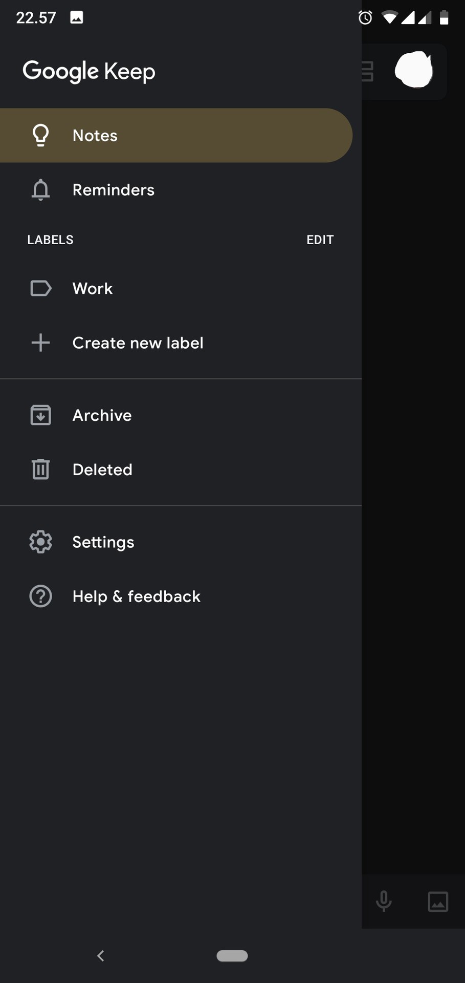 Screenshot of Google Keep's dark mode 1.