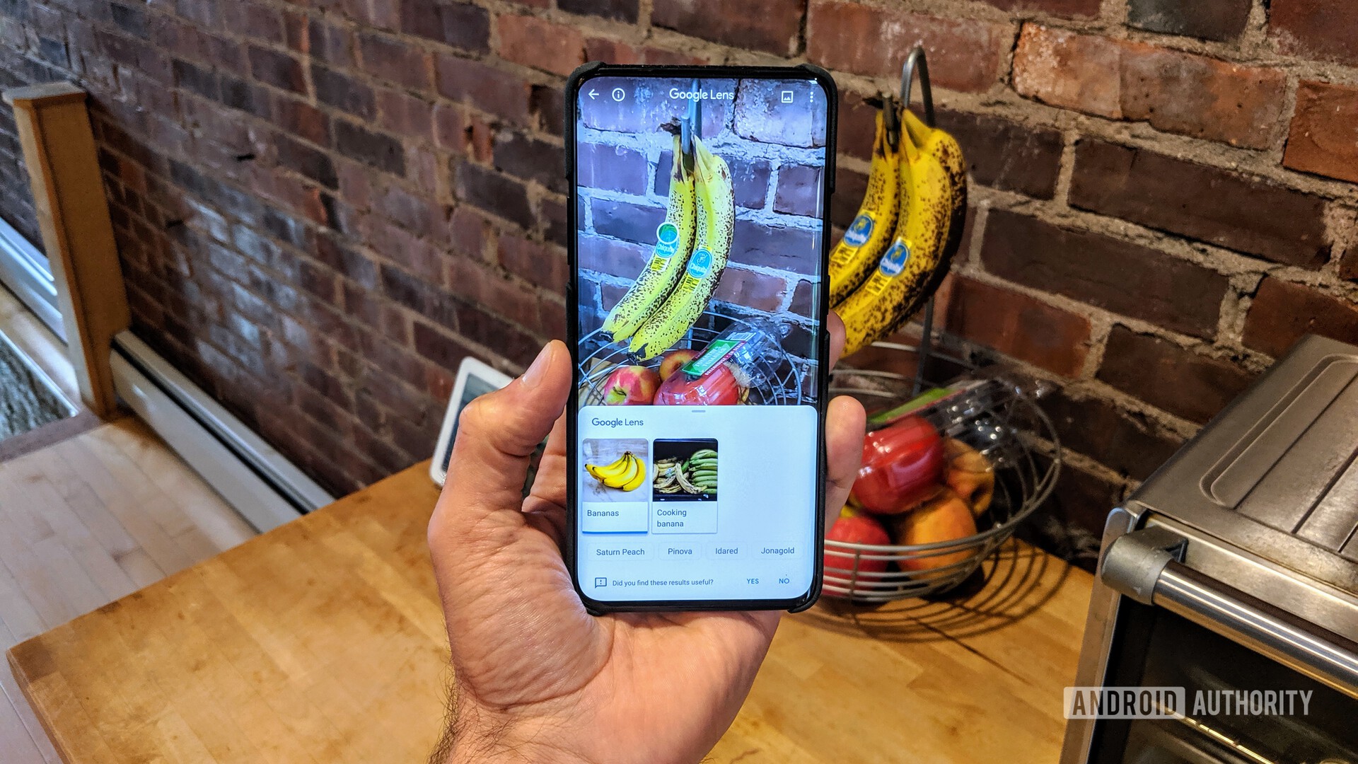 Using Google Lens to identify a bunch of bananas as seen on the camera of the OnePlus 7 Pro.