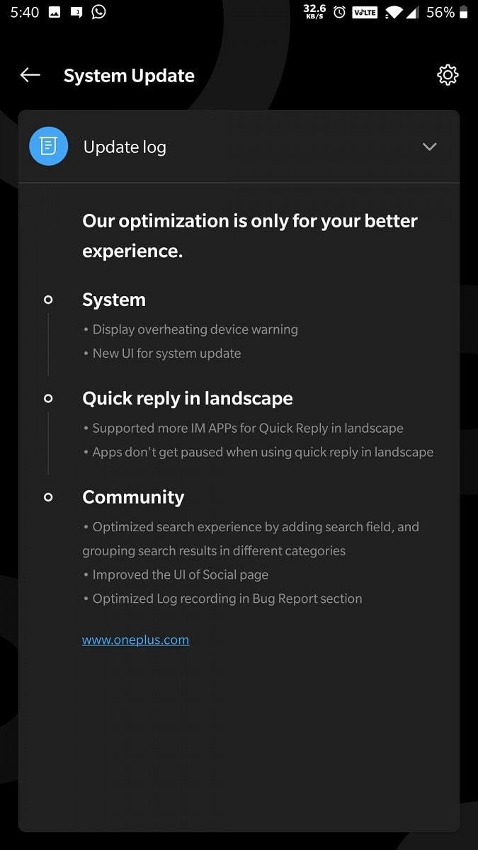 Screenshot of the updated system update screen from OnePlus