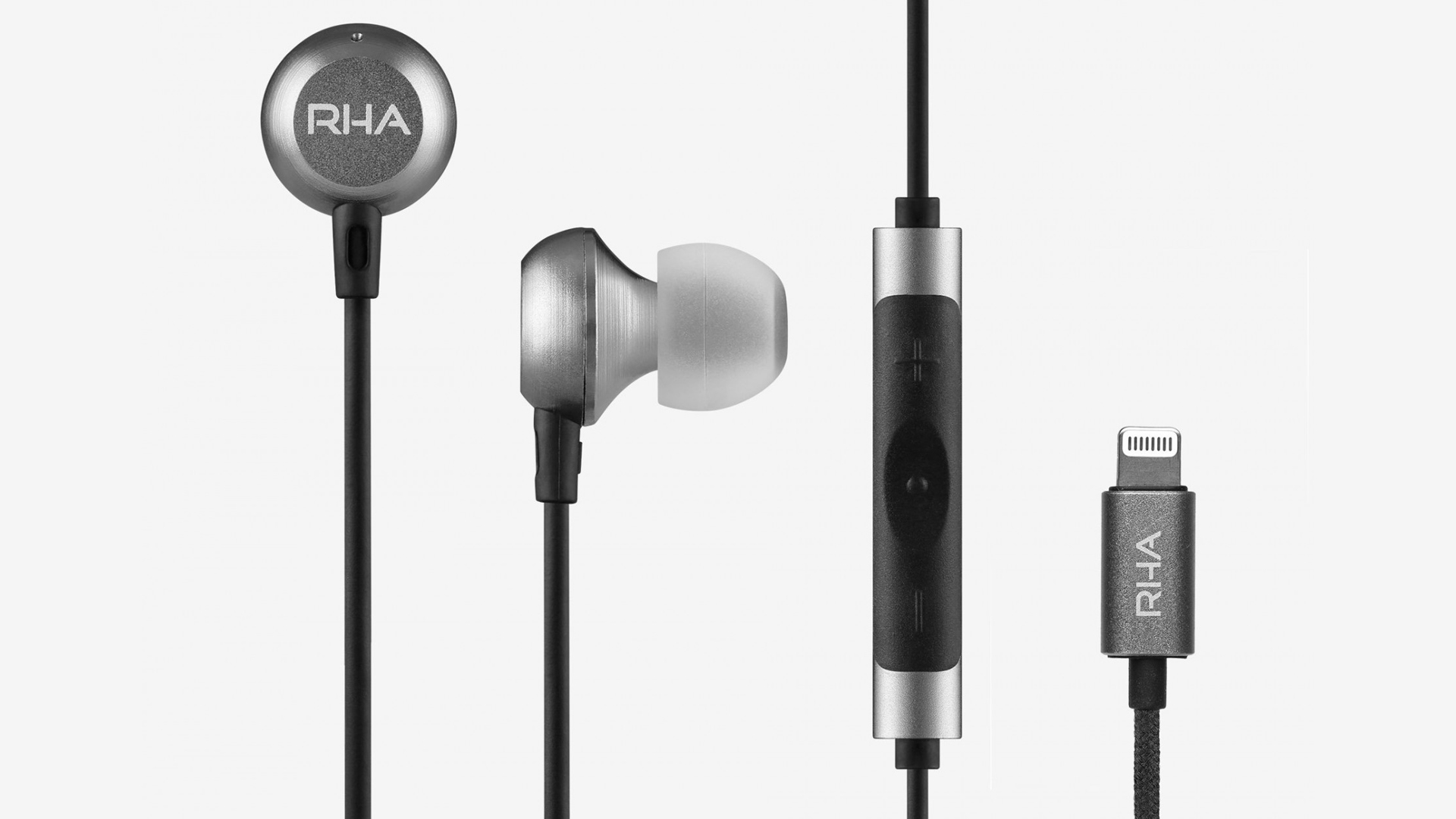 Pictured is the RHA MA650i earbuds with the control module and new Lightning connector. 