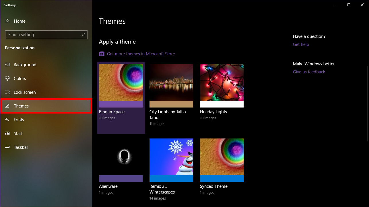 Windows 10 Themes panel