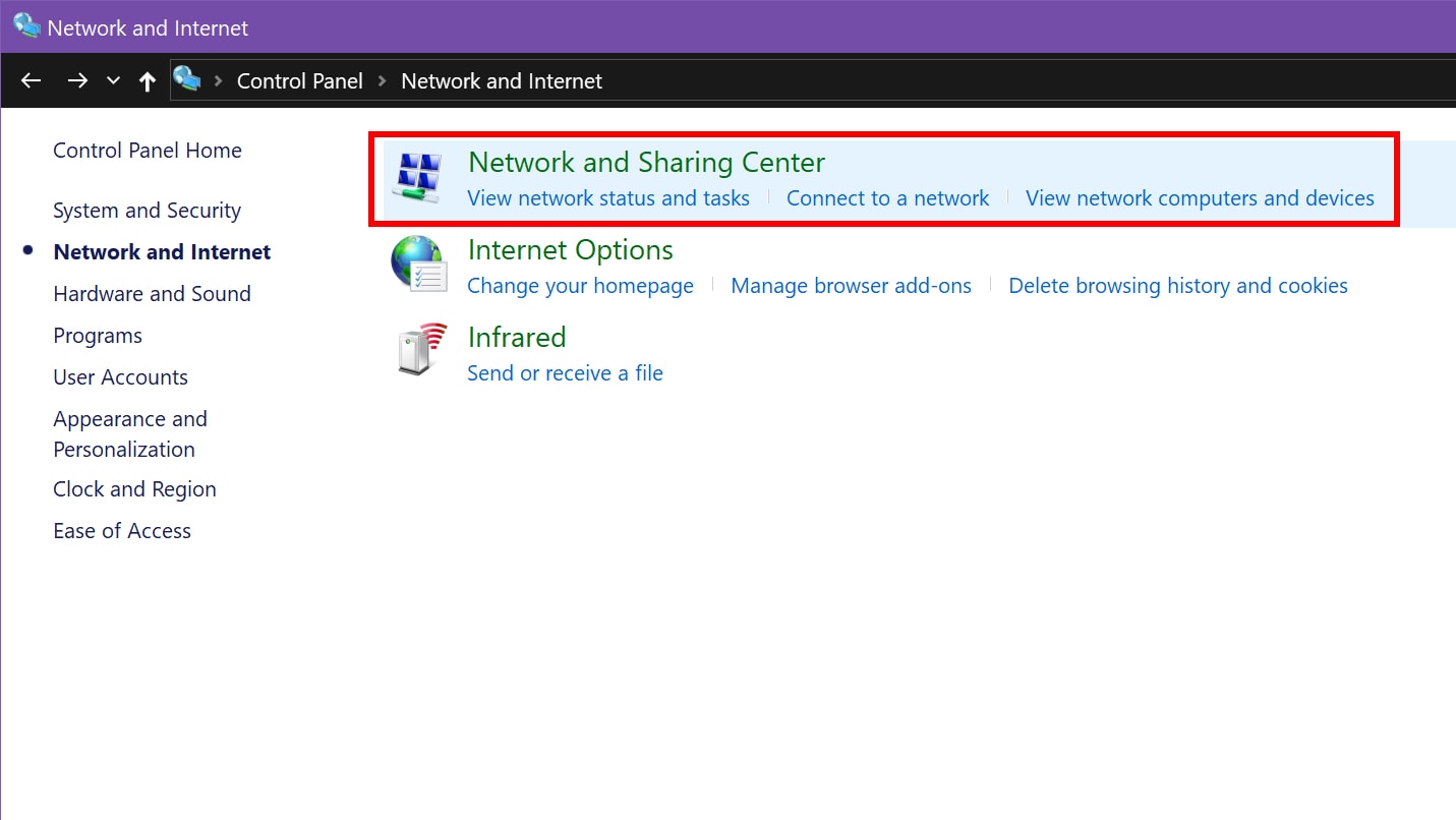 Windows 10 Control Panel Network Center