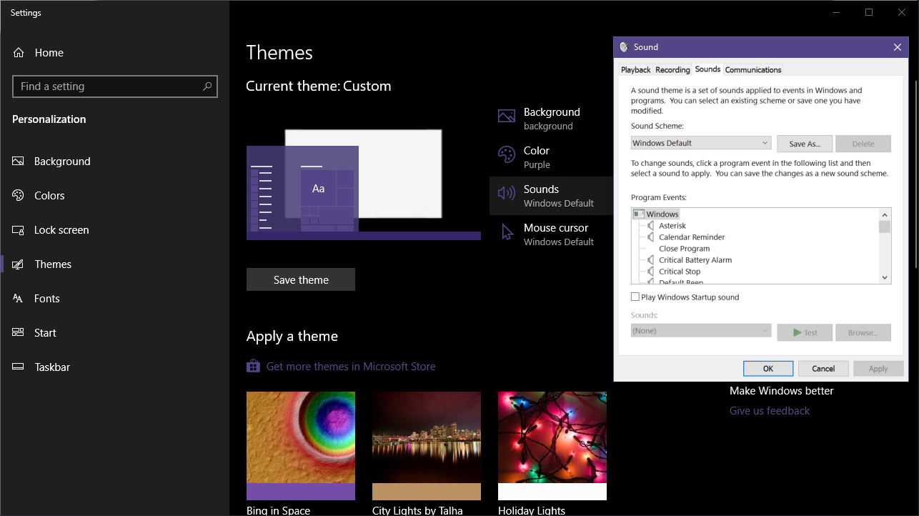 Windows 10 Custom Theme Choose Sound